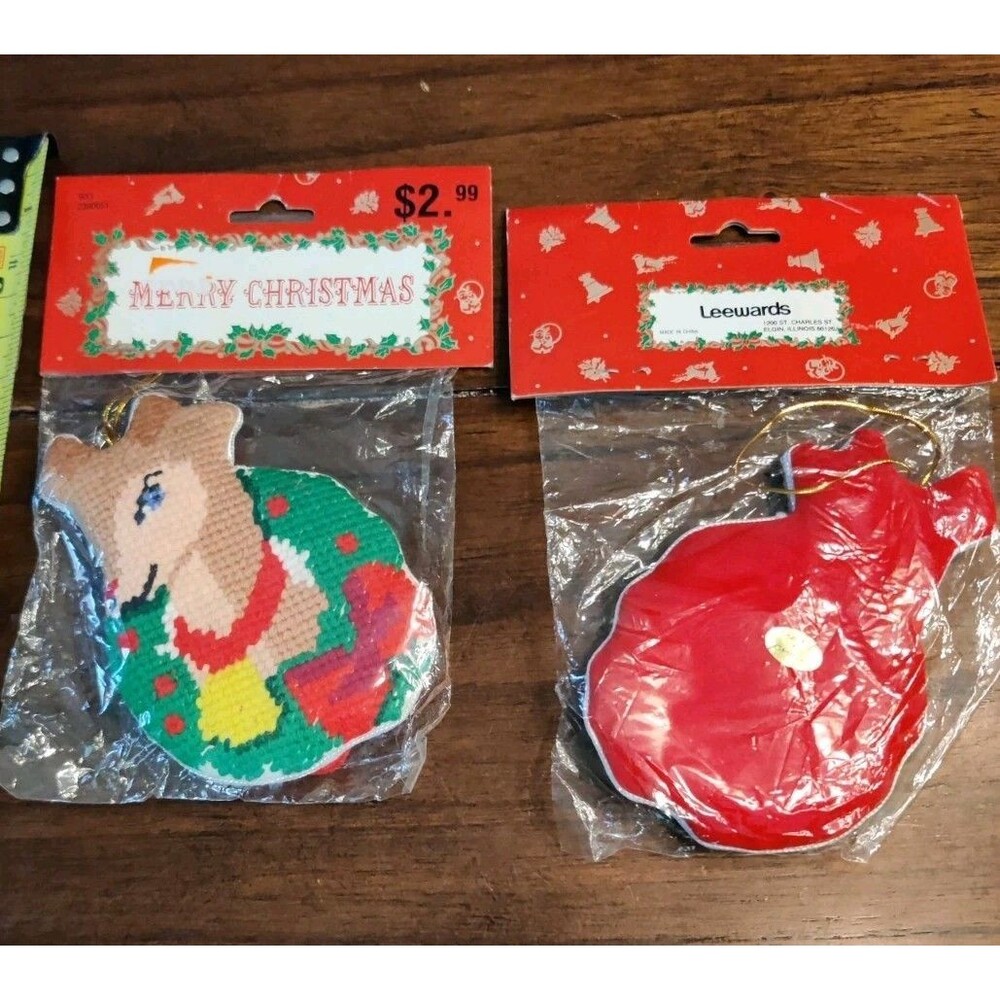 Lot Of 2 Needlepoint Christmas Ornaments Reindeer Holiday Decor NOS Leewards